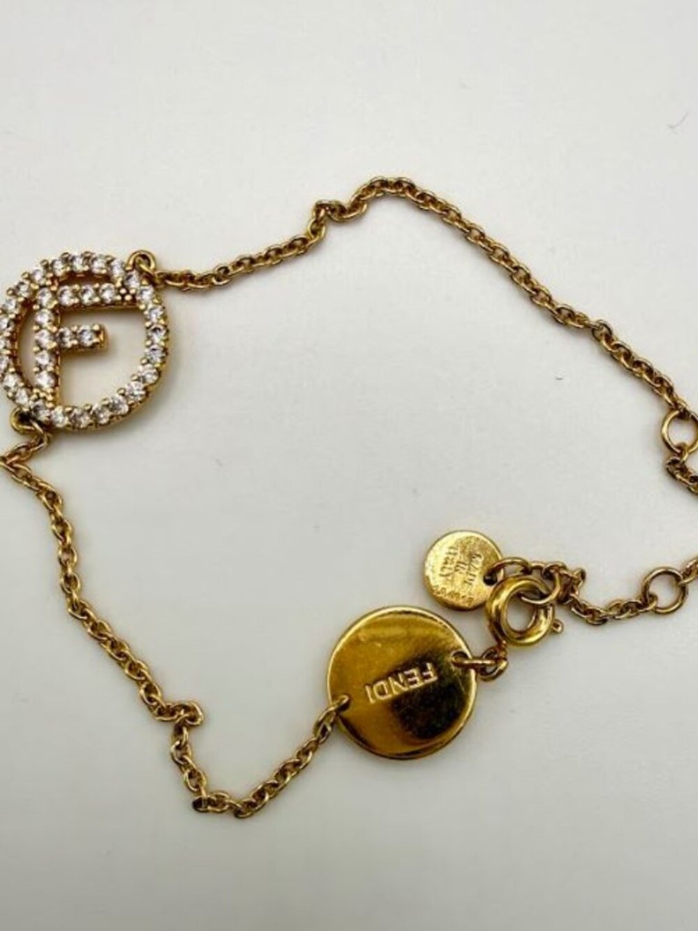 Fendi Gold F Logo Rhinestone Crystal Adjustable Bracelet
